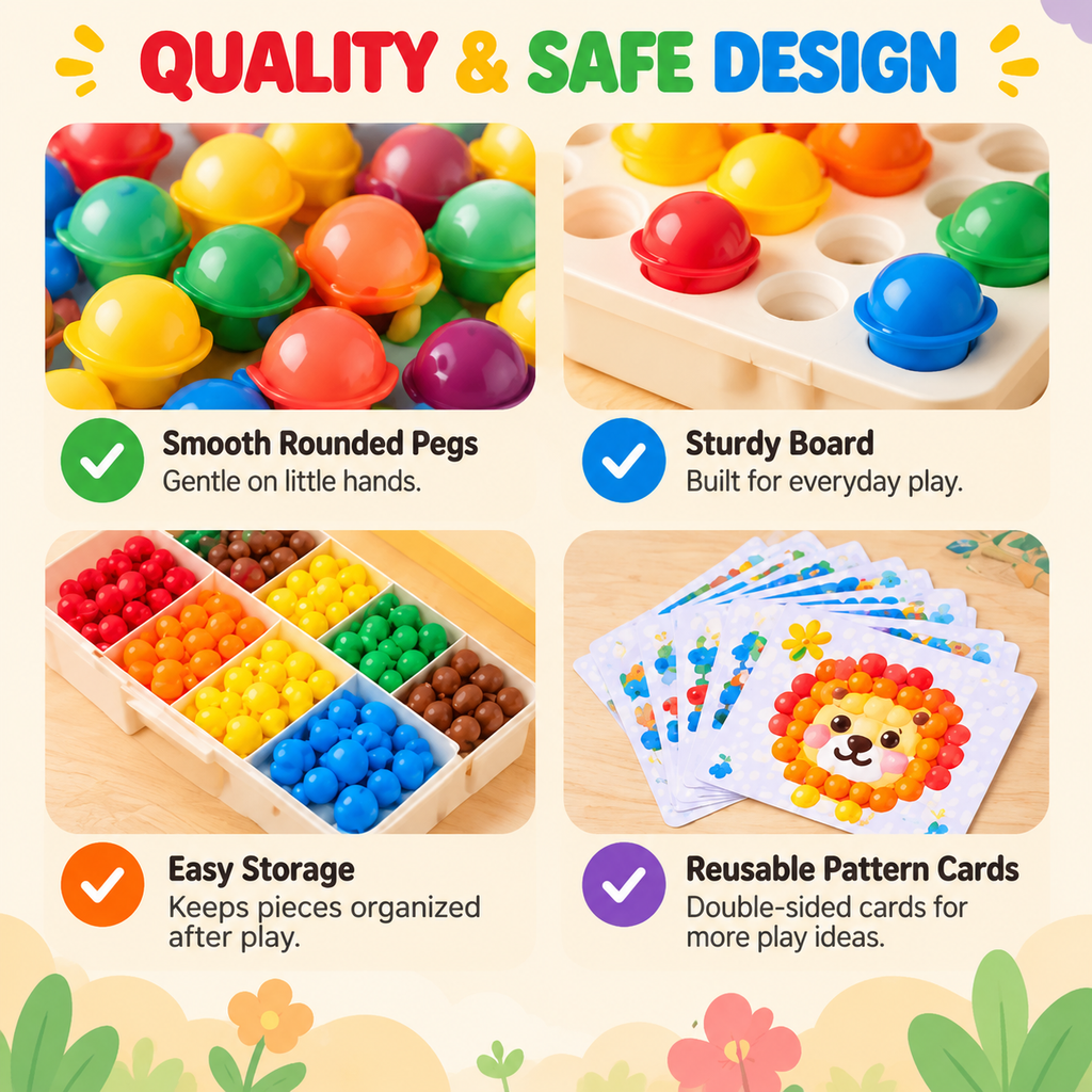 NOLQEVA™ Rainbow Peg Mosaic Pattern Board – Preschool Color Matching Fine Motor Toy with 80 Pegs & 12 Reusable Pattern Cards