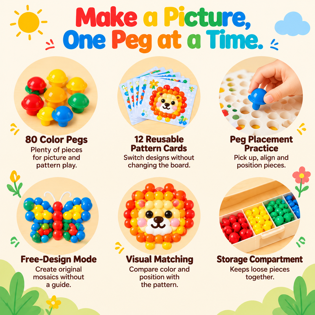NOLQEVA™ Rainbow Peg Mosaic Pattern Board – Preschool Color Matching Fine Motor Toy with 80 Pegs & 12 Reusable Pattern Cards