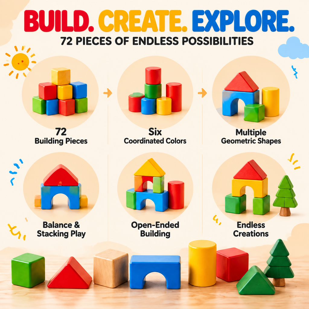 NOLQEVA™ Little Builder 72-Piece Color Block Architecture Set – Wooden Preschool Building Blocks, Shapes & Balance Construction Toy