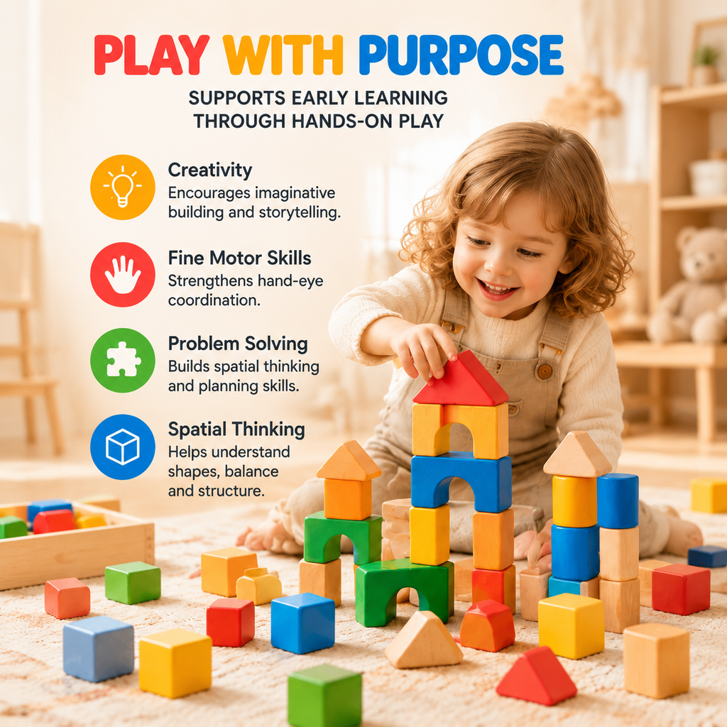 NOLQEVA™ Little Builder 72-Piece Color Block Architecture Set – Wooden Preschool Building Blocks, Shapes & Balance Construction Toy