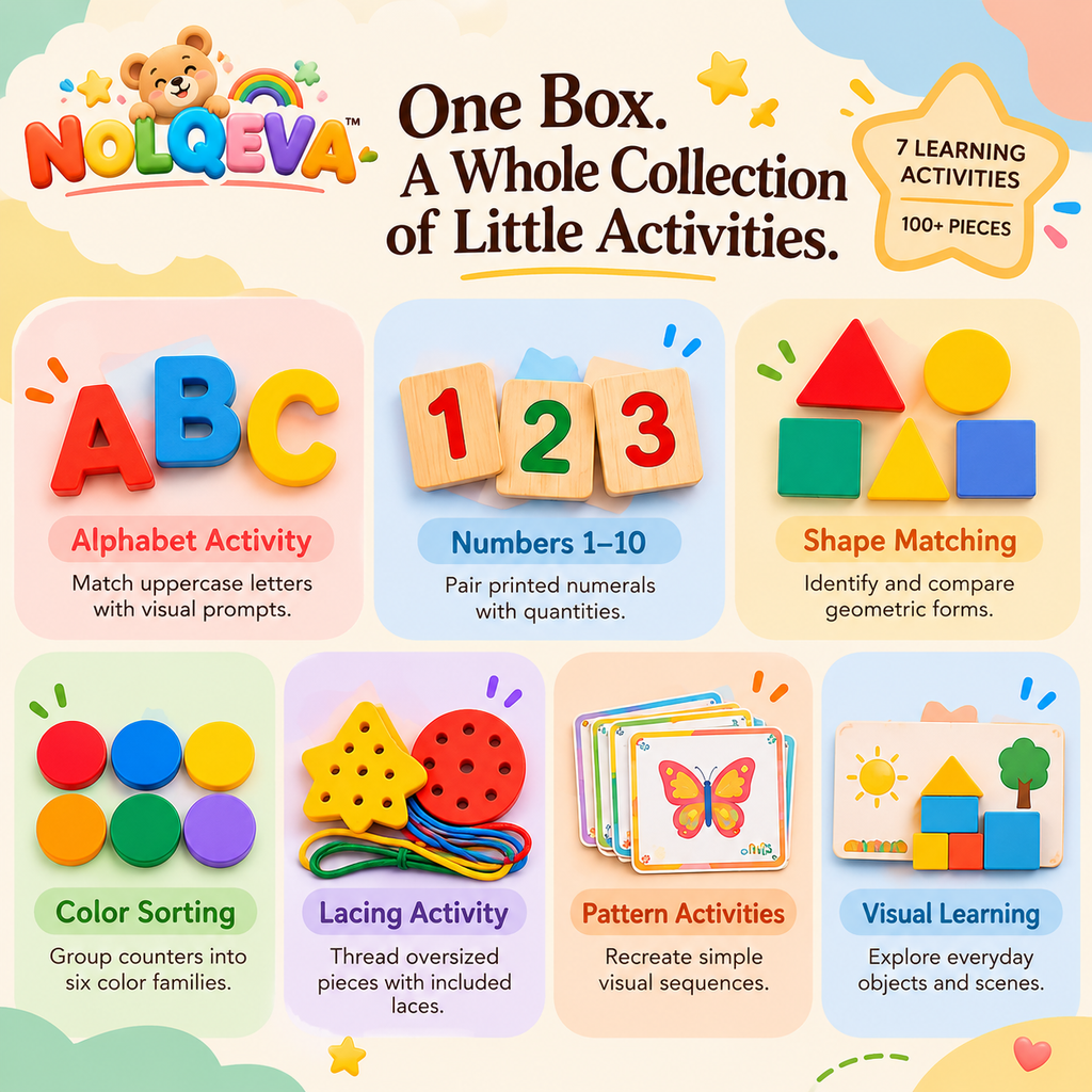 NOLQEVA™ Ready-to-Learn Preschool Activity Box – Alphabet, Numbers, Shapes, Colors, Matching & Fine Motor Early Learning Kit