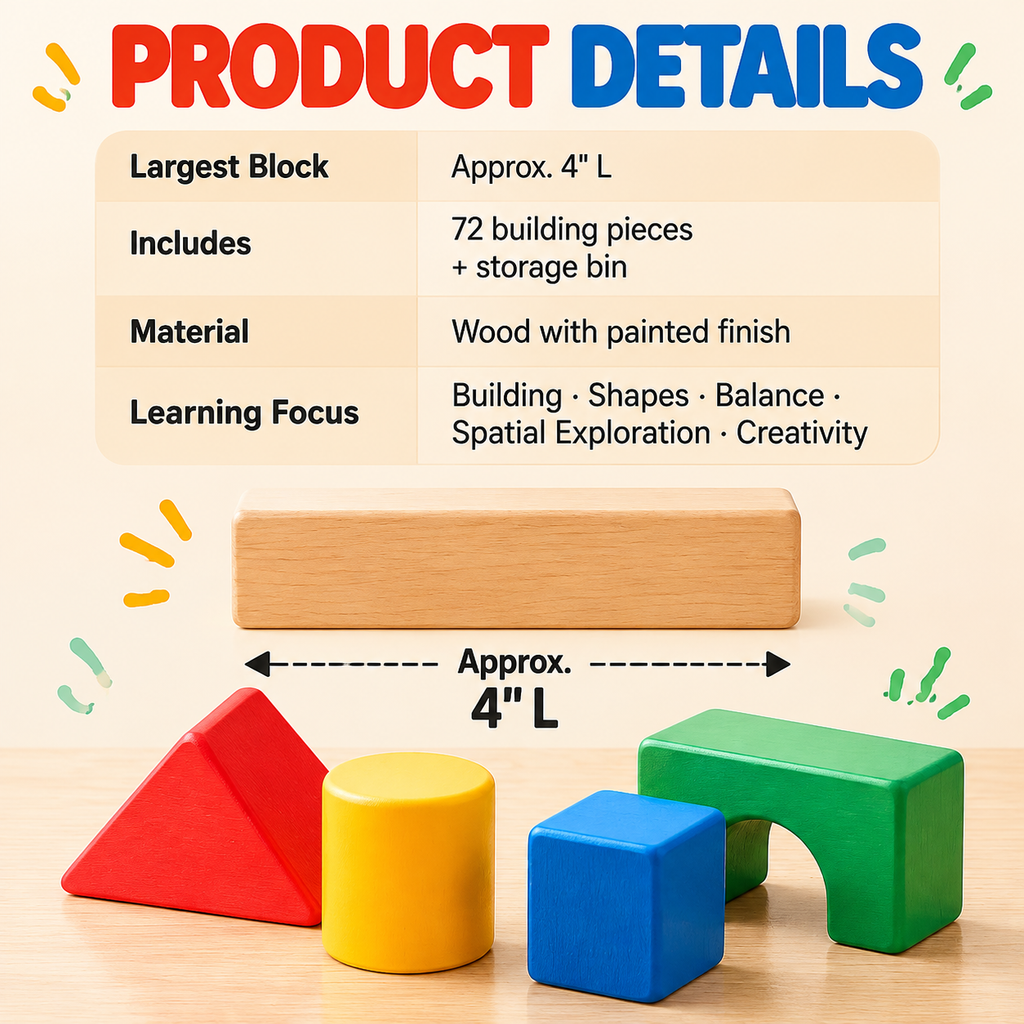 NOLQEVA™ Little Builder 72-Piece Color Block Architecture Set – Wooden Preschool Building Blocks, Shapes & Balance Construction Toy