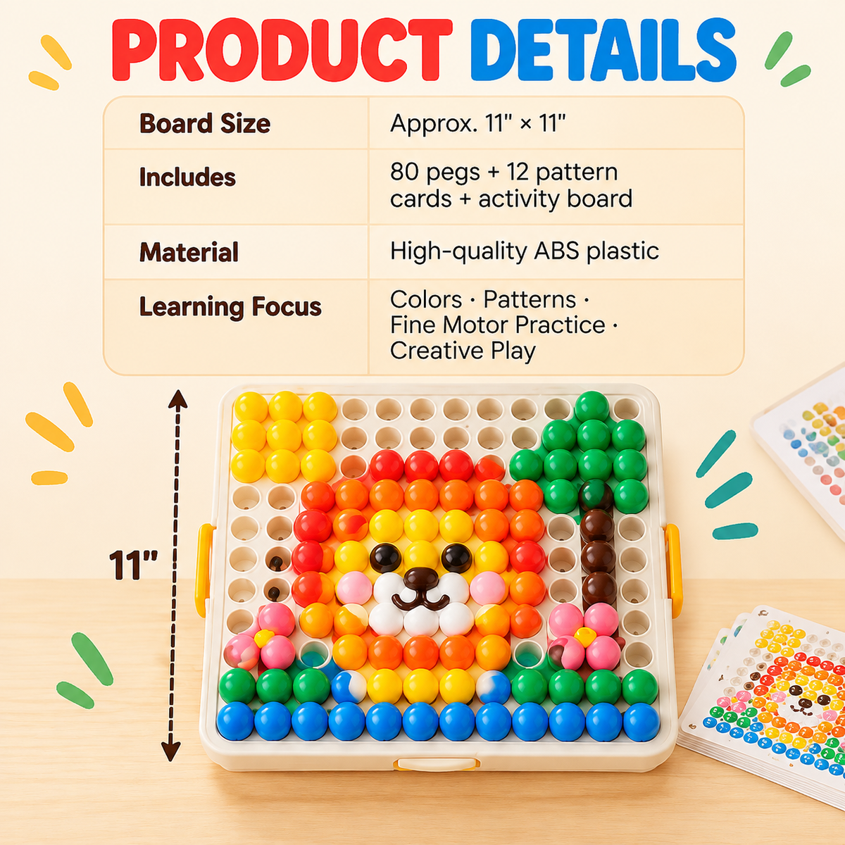 NOLQEVA™ Rainbow Peg Mosaic Pattern Board – Preschool Color Matching Fine Motor Toy with 80 Pegs & 12 Reusable Pattern Cards
