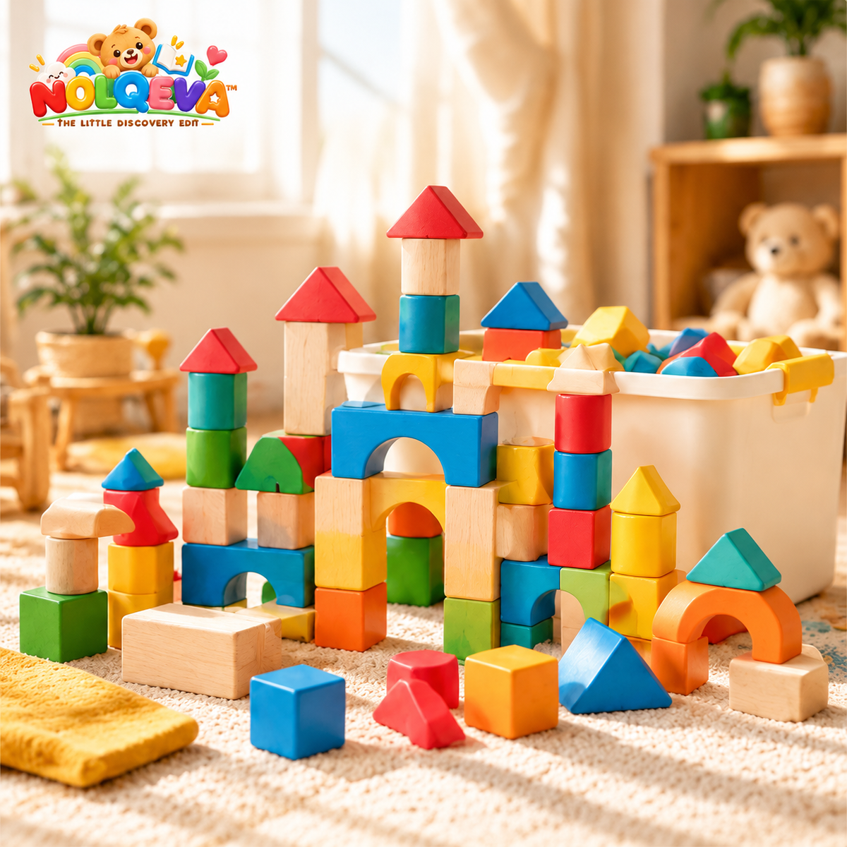 NOLQEVA™ Little Builder 72-Piece Color Block Architecture Set – Wooden Preschool Building Blocks, Shapes & Balance Construction Toy