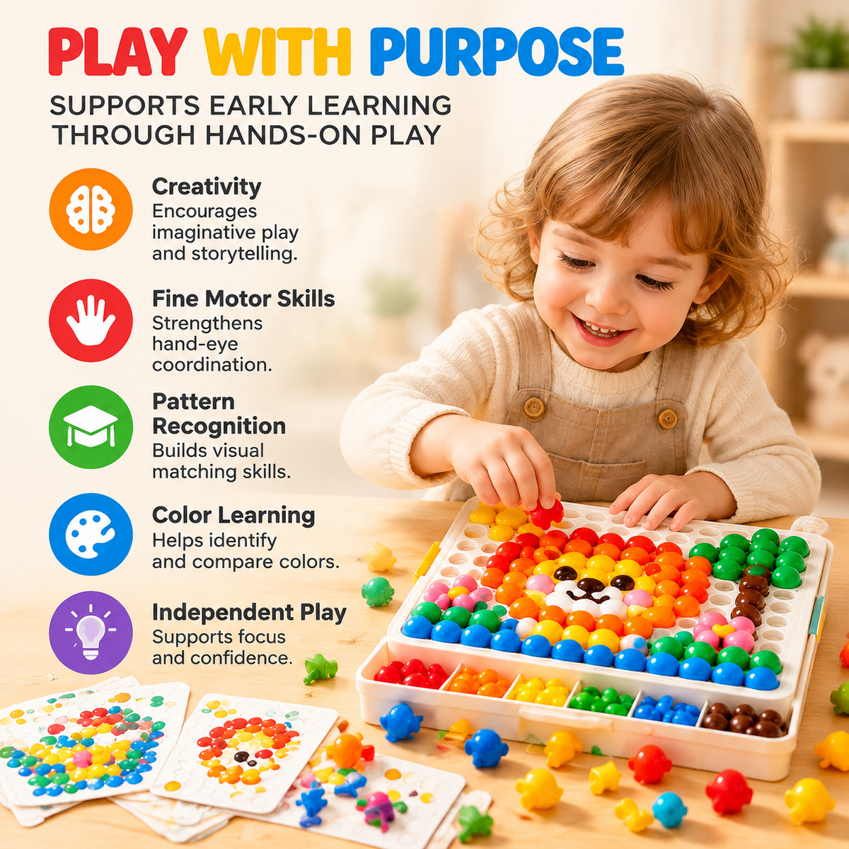 NOLQEVA™ Rainbow Peg Mosaic Pattern Board – Preschool Color Matching Fine Motor Toy with 80 Pegs & 12 Reusable Pattern Cards