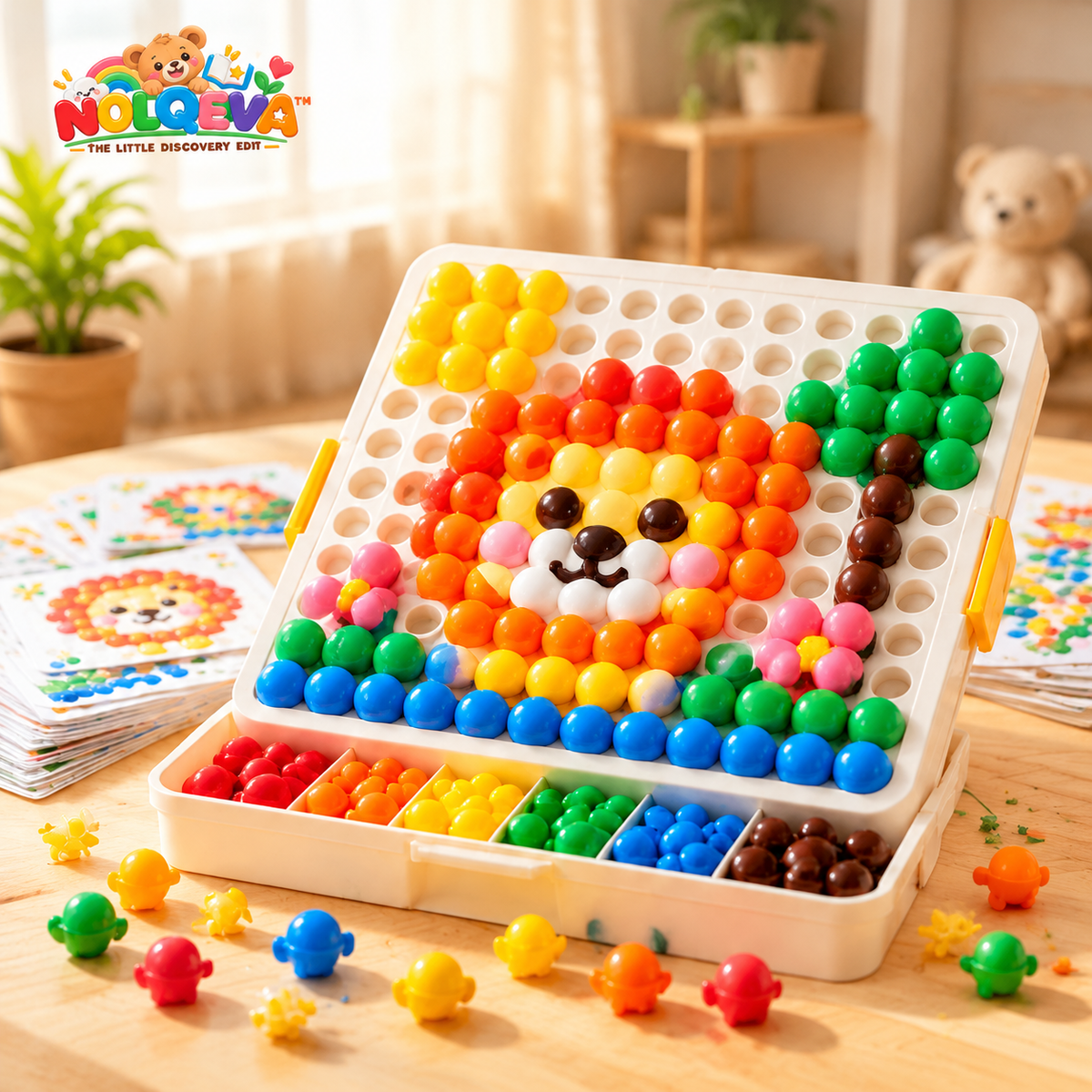 NOLQEVA™ Rainbow Peg Mosaic Pattern Board – Preschool Color Matching Fine Motor Toy with 80 Pegs & 12 Reusable Pattern Cards